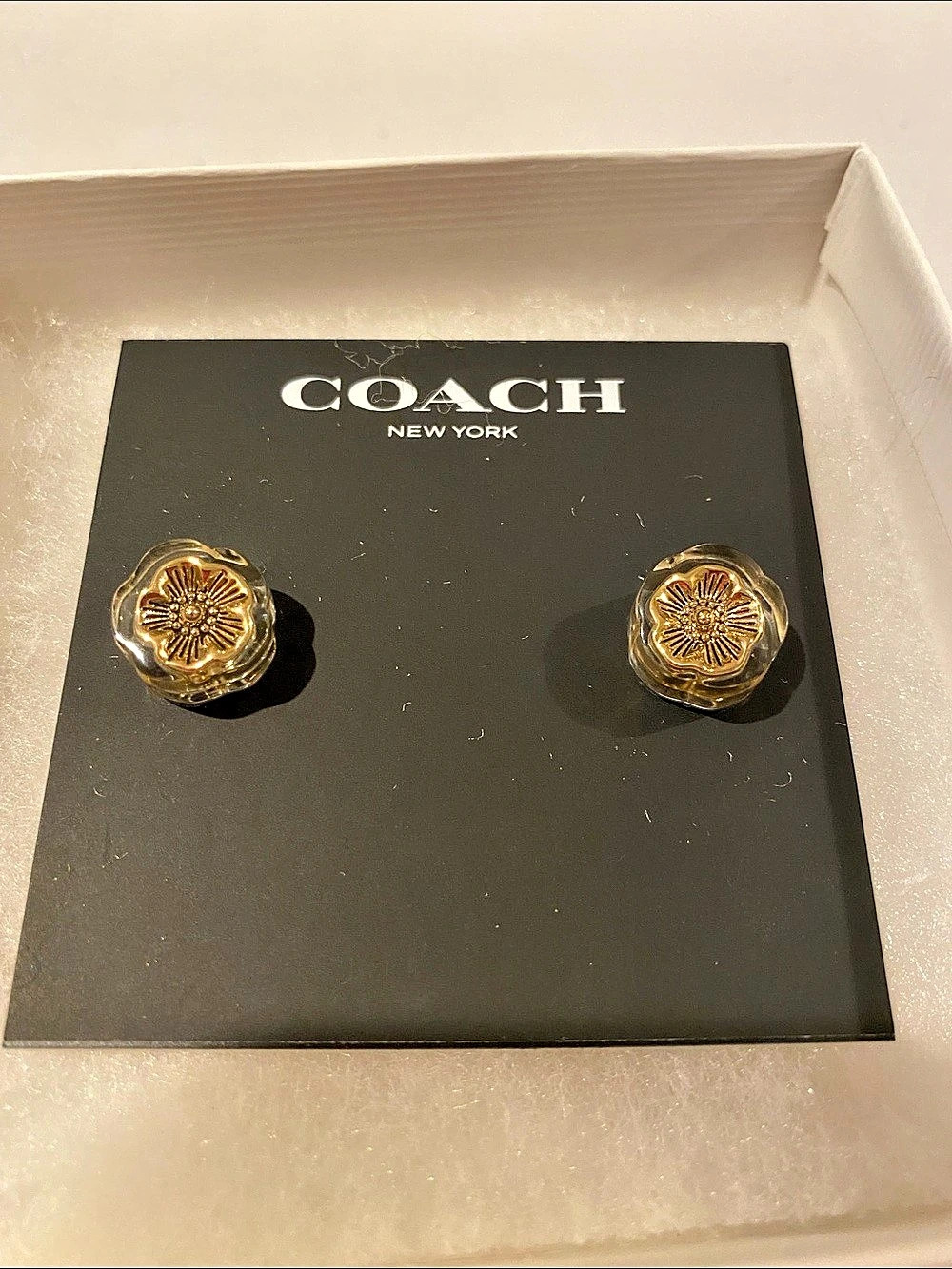 Coach Signature Tea Rose Lucite Stud Earrings Floral Stud Earrings Gold NWT